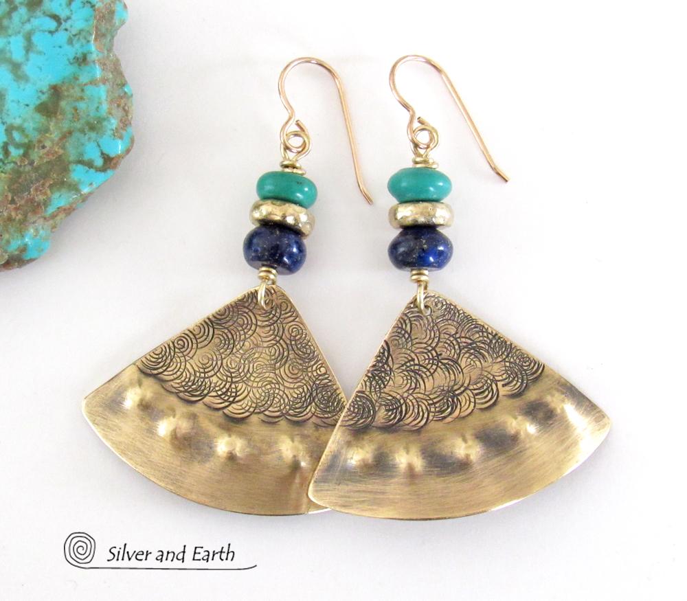 Lapis Lazuli Turquoise Gold Brass Earrings - Egyptian Inspired